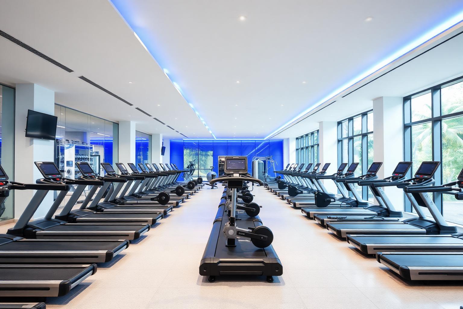 Academia moderna com esteiras, bikes e equipamentos de musculação