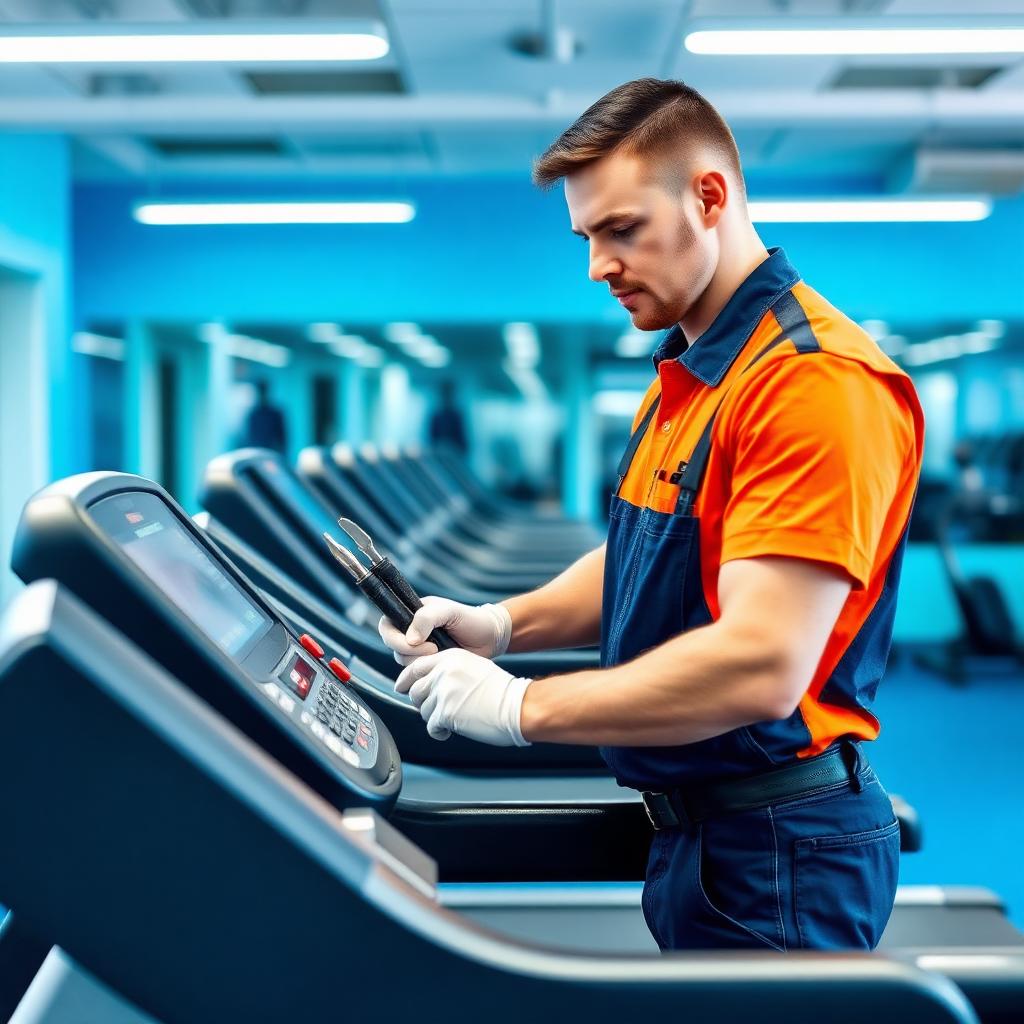 Técnico realizando manutenção em esteira de academia